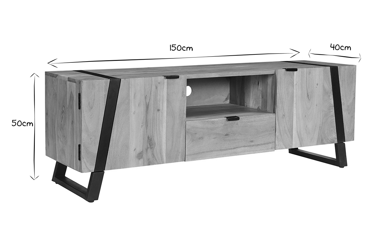 TV-Schrank aus massivem Akazienholz und schwarzem Metall B 150 cm ALVARO