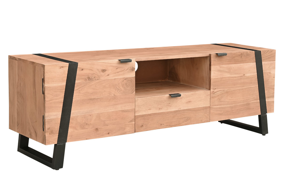 TV-Schrank aus massivem Akazienholz und schwarzem Metall B 150 cm ALVARO