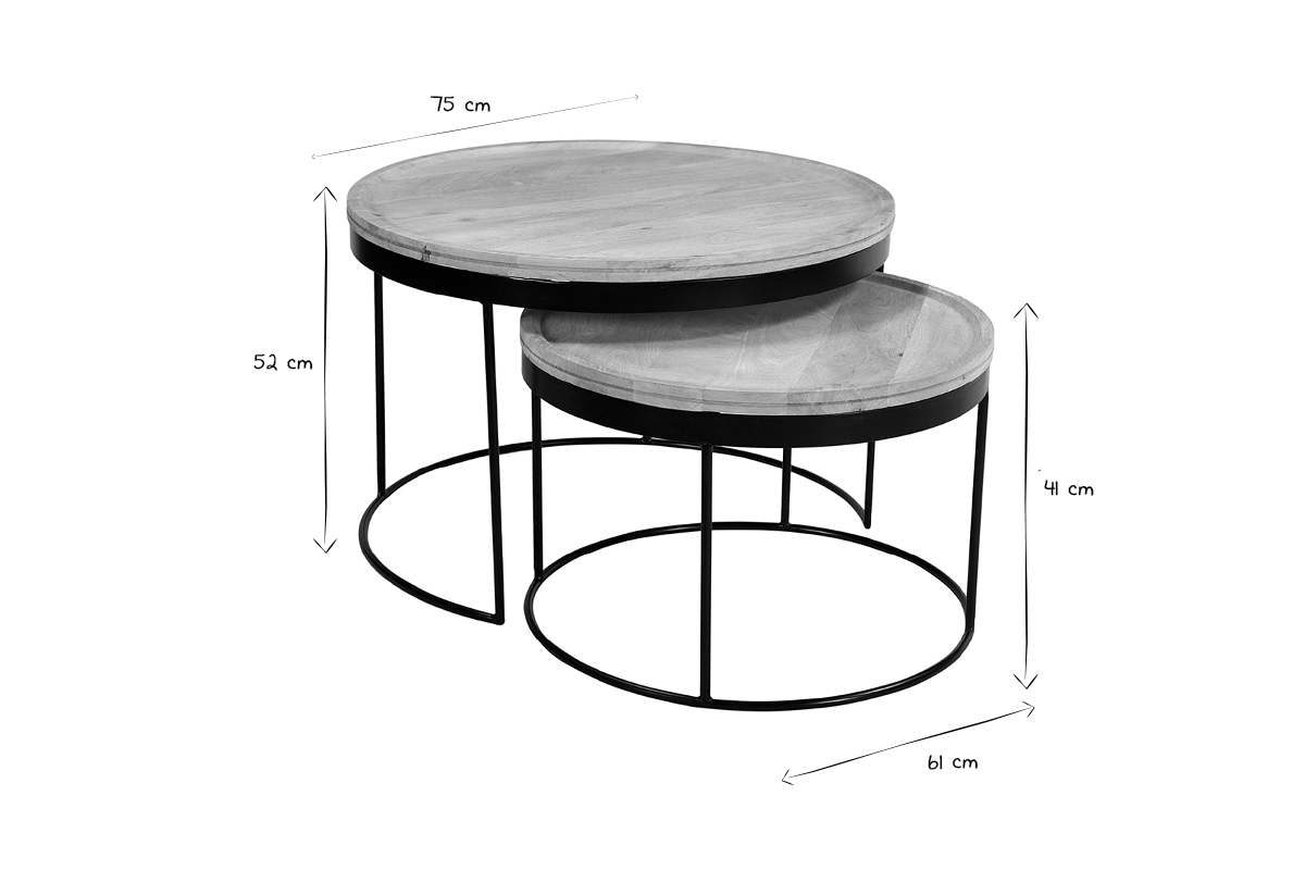 Verschachtelungs-Couchtische aus massivem Mangoholz und Metall LEDGE