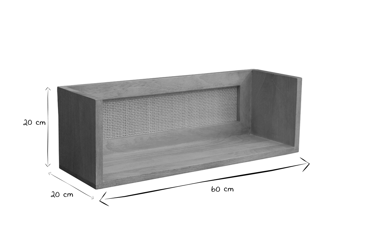 Wandregal aus massivem Mangoholz und Rattan-Rohrgeflecht B60 cm ACANGE