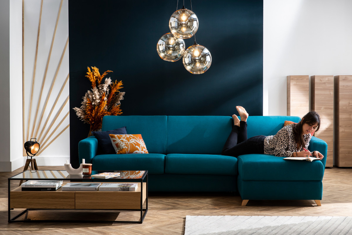 Wende- und konvertierbares Ecksofa mit Kommode in Entenblau GRAHAM