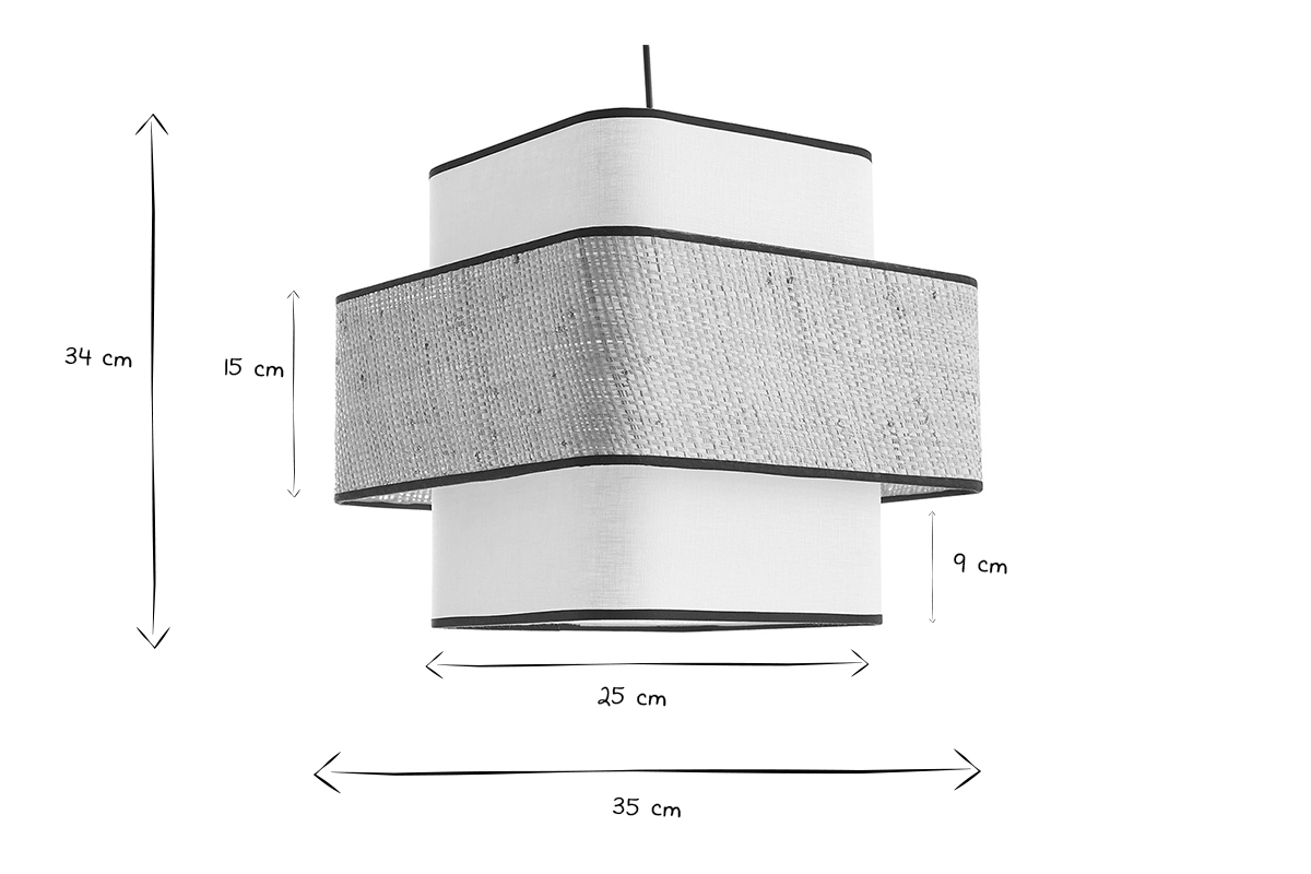 Wrfelfrmige Pendelleuchte aus weiem Leinen und naturfarbenem Bast L35 cm TERA