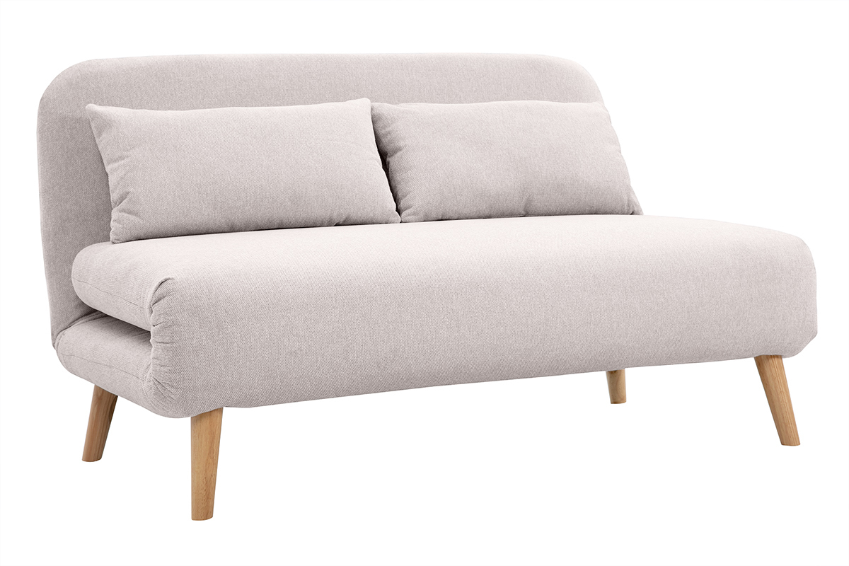 Zweisitzer-Schlafsofa aus beigem Textur-Veloursstoff und hellem Holz AMIKO