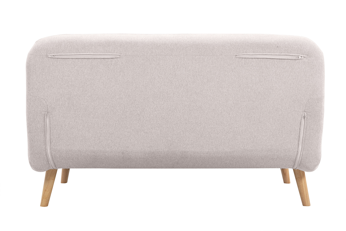 Zweisitzer-Schlafsofa aus beigem Textur-Veloursstoff und hellem Holz AMIKO