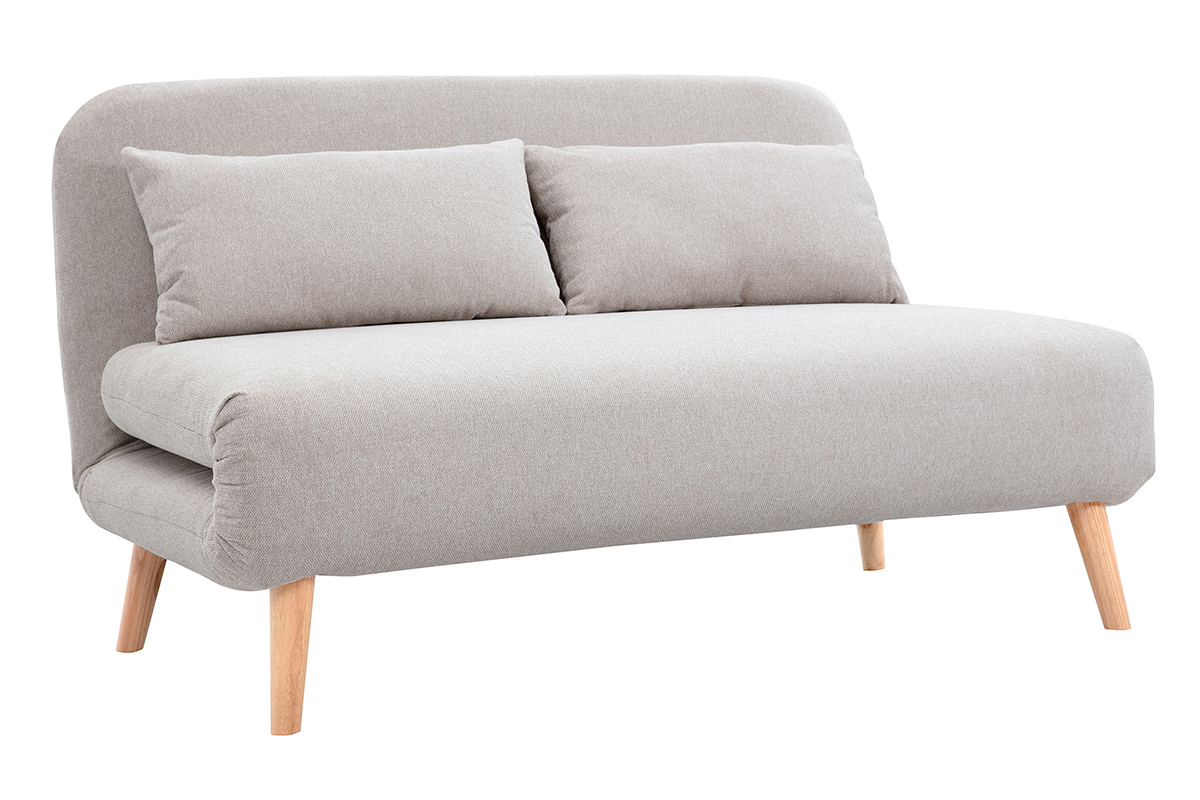 Zweisitzer-Schlafsofa aus beigem Textur-Veloursstoff und hellem Holz AMIKO