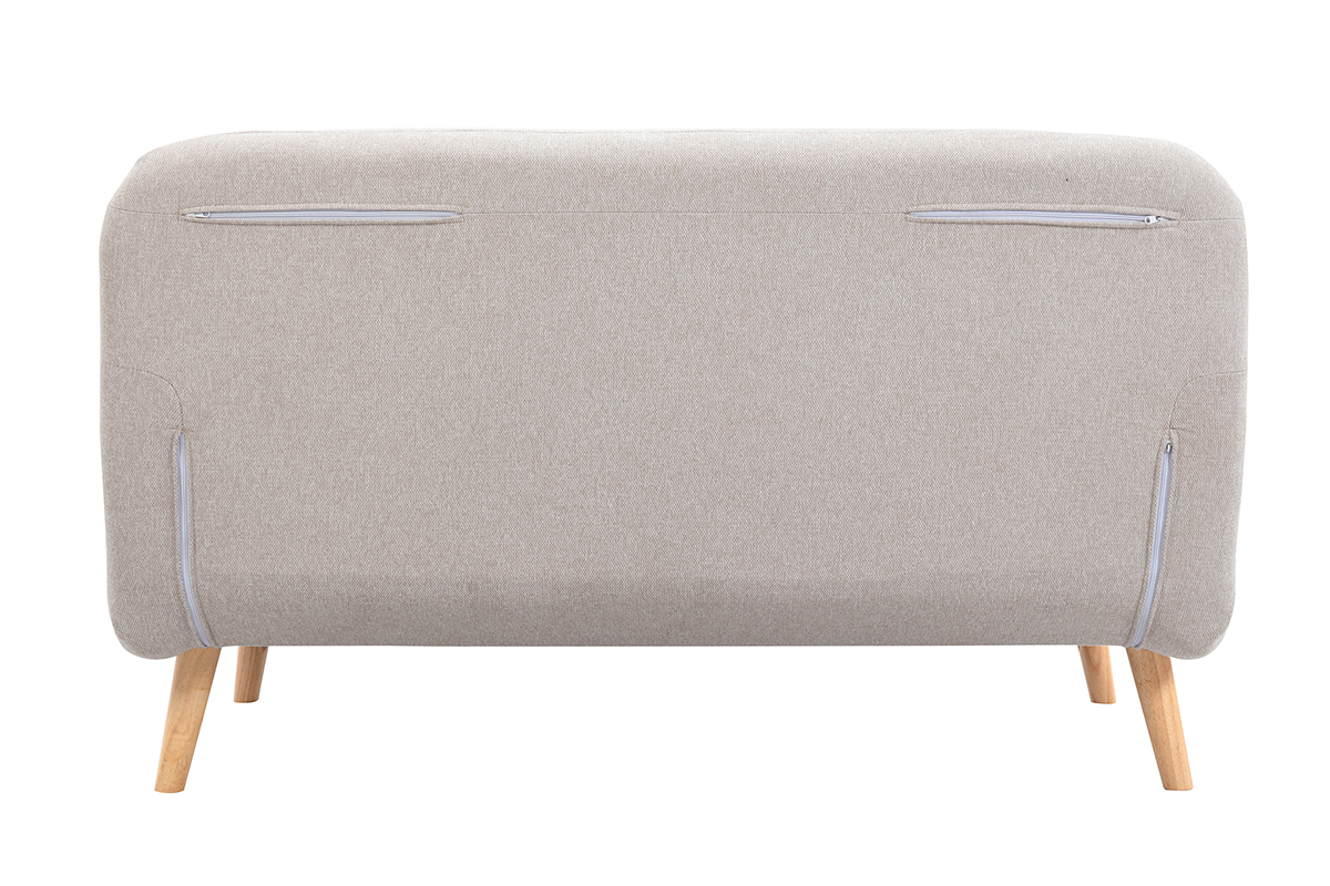 Zweisitzer-Schlafsofa aus beigem Textur-Veloursstoff und hellem Holz AMIKO