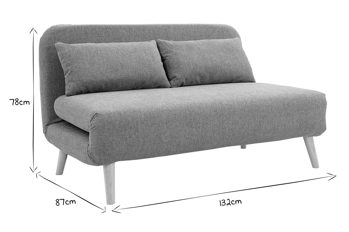 Zweisitzer-Schlafsofa aus graugrnem Stoff und hellem Holz AMIKO