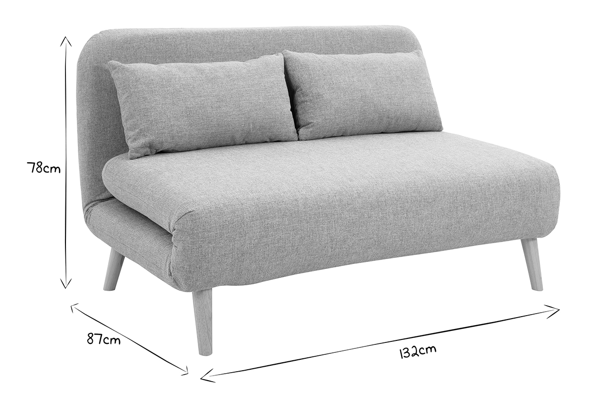 Zweisitzer-Schlafsofa aus taupefarbenem Stoff und hellem Holz AMIKO