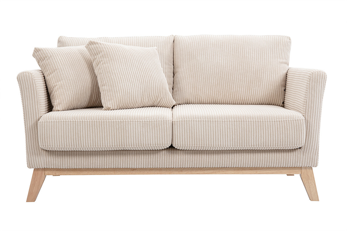 Zweisitzer skandinavisches Sofa mit abnehmbarem Bezug aus samtigem Rippstoff und hellem Holz OSLO