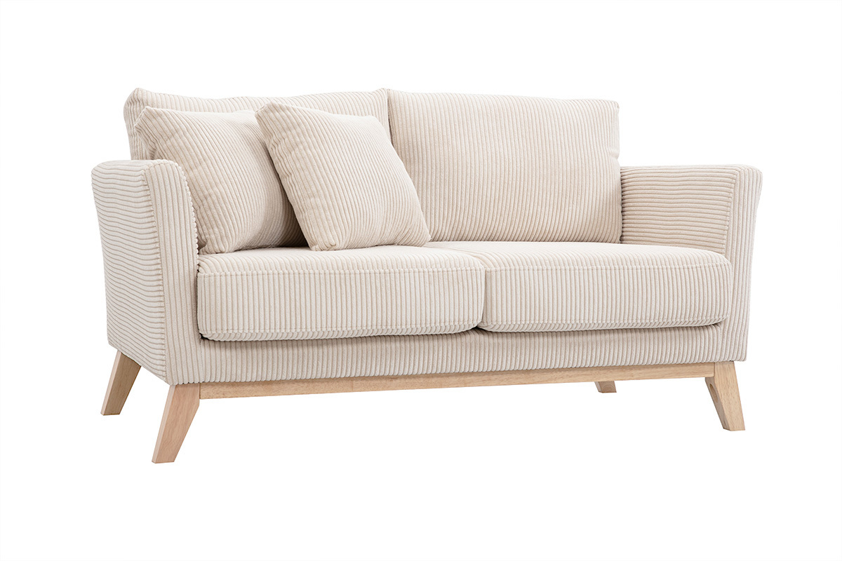 Zweisitzer skandinavisches Sofa mit abnehmbarem Bezug aus samtigem Rippstoff und hellem Holz OSLO