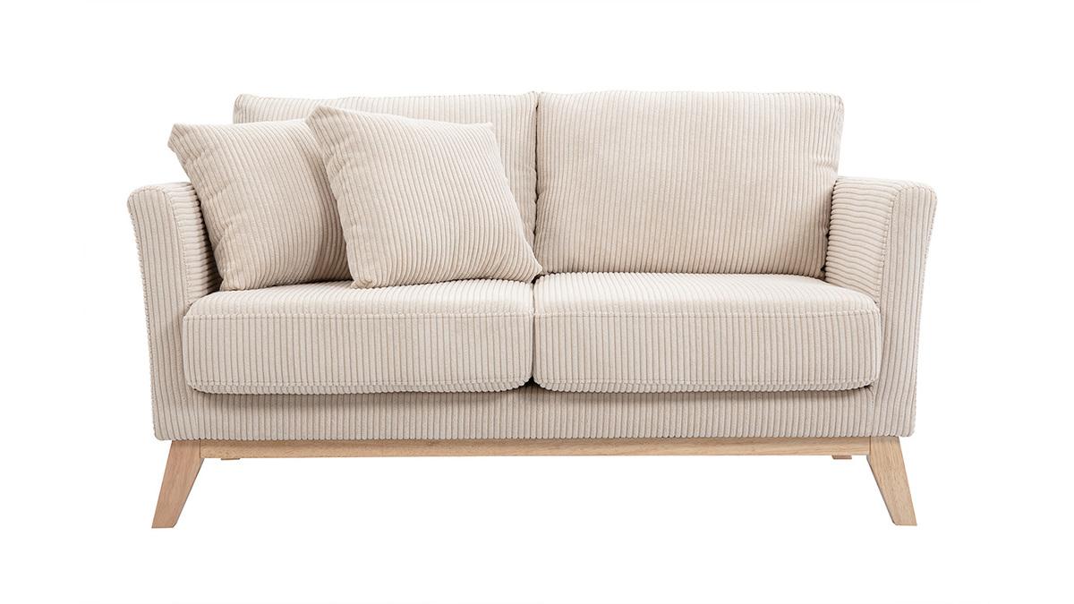 Zweisitzer skandinavisches Sofa mit abnehmbarem Bezug aus samtigem Rippstoff und hellem Holz OSLO